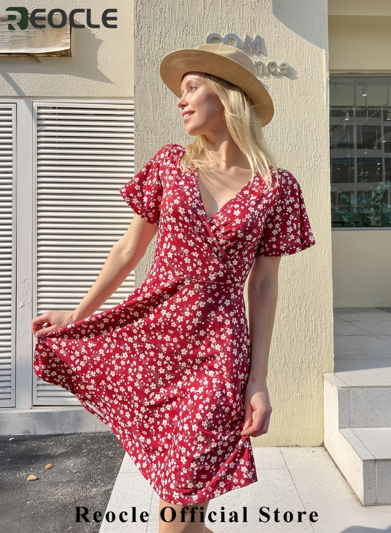 REOCLE Womens Sundress Summer Floral Short Sleeve Wrap V Neck A-Line Midi Dress - Image 3