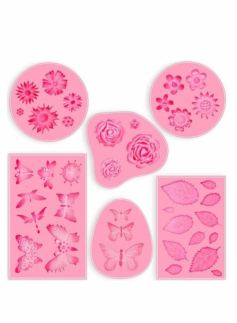NIBEMINENT 6 Pack Fondant Silicone Molds Set, Non Stick For Cake Decorating, Mini Butterfly, Flower, Leaves, Rose Making Chocolate Aking Mold Set - Image 1