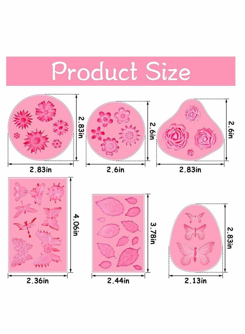 NIBEMINENT 6 Pack Fondant Silicone Molds Set, Non Stick For Cake Decorating, Mini Butterfly, Flower, Leaves, Rose Making Chocolate Aking Mold Set - Image 2