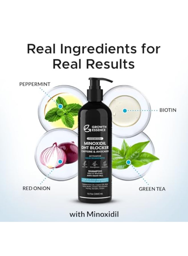 Growth Essence شامبو مينوكسيديل بيوتين لنمو الشعر مدعوم بالكافيين وزيت الخروع ومستخلص البصل ومانع DHT لصحة وكثافة الشعر للرجال والنساء - Image 3
