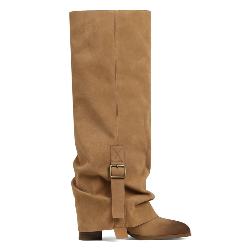 EQAUDES Suede Brown Boots Women Fold Over Knee High Wide Calf Slouchy Round Toe Boots Buckle Tall Shoes Fall Winter Casual Work Party - Image 1