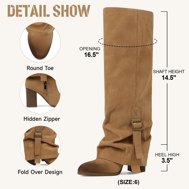 EQAUDES Suede Brown Boots Women Fold Over Knee High Wide Calf Slouchy Round Toe Boots Buckle Tall Shoes Fall Winter Casual Work Party - Image 5