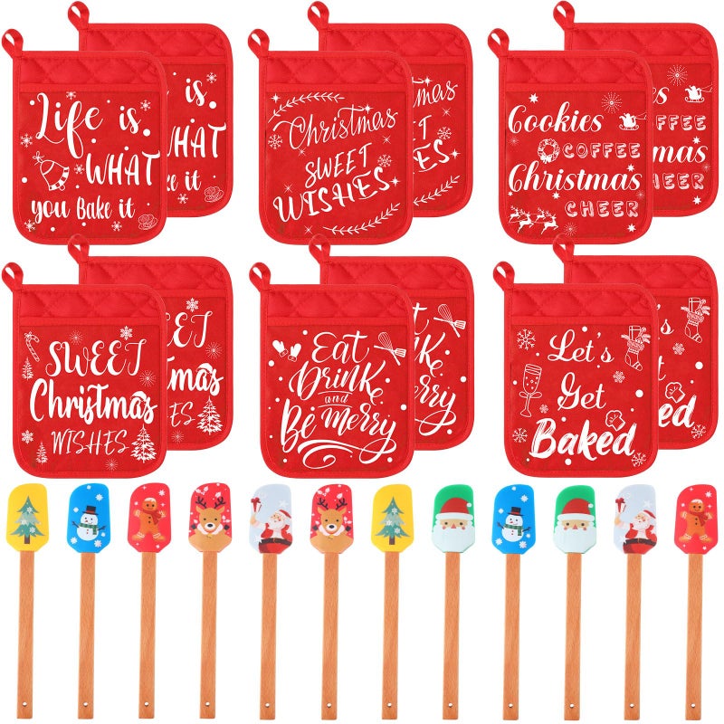 Yaomiao 24 Pcs Christmas Pot Holders with Silicone Spatula Set Silicone Spatula Set with Wooden Handles Pot Holders for Kitchen Christmas Kitchen Utensils Christmas Baking Gifts for Xmas Cute