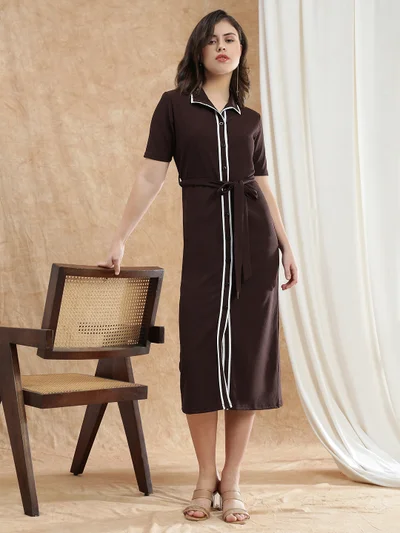 globus Globus Women Brown Collared Neck Short Sleeves Self Design Midi Workwear Shirt Dress With Belt