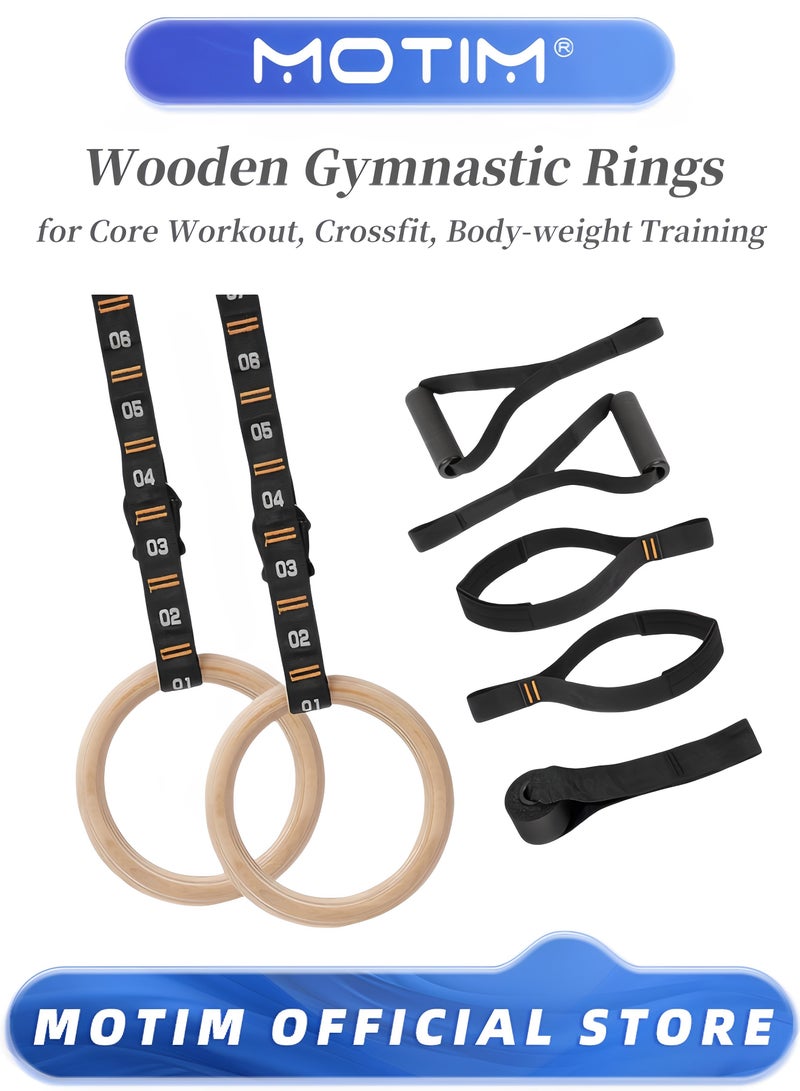 Motim Wooden Gymnastic Rings with Adjustable Numbered Straps Rings for Core Workout Crossfit and Body-weight Training - Image 1