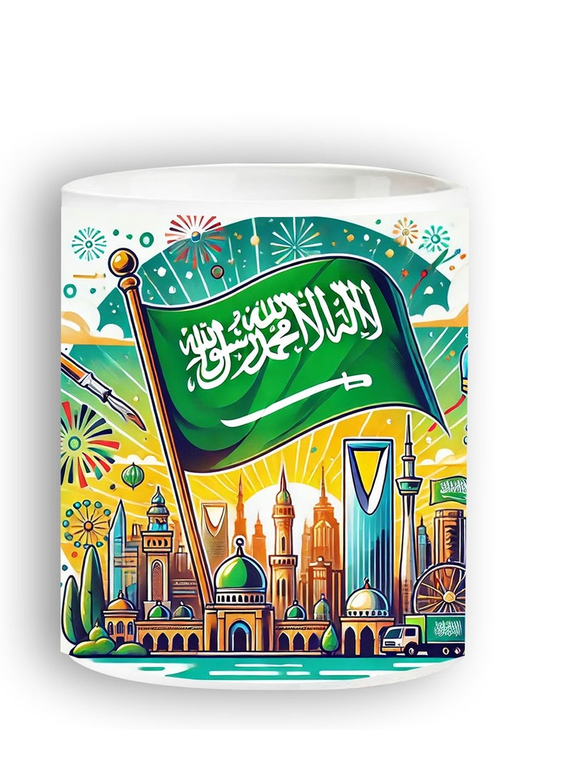 حكاية شمعة - اليوم الوطني ، مج من السيراميك بطبعة تصميم لليوم الوطني السعودي بلون أبيض - Image 1