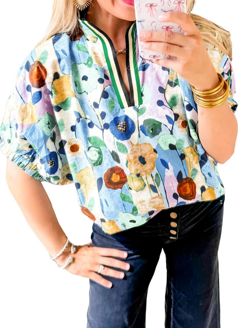 Samefar Floral V Neck Tops for Women Short Sleeve Blouses Summer Fashion Cotton Soft Boho Tops T Shirts Clothes 2026 Small - Image 1