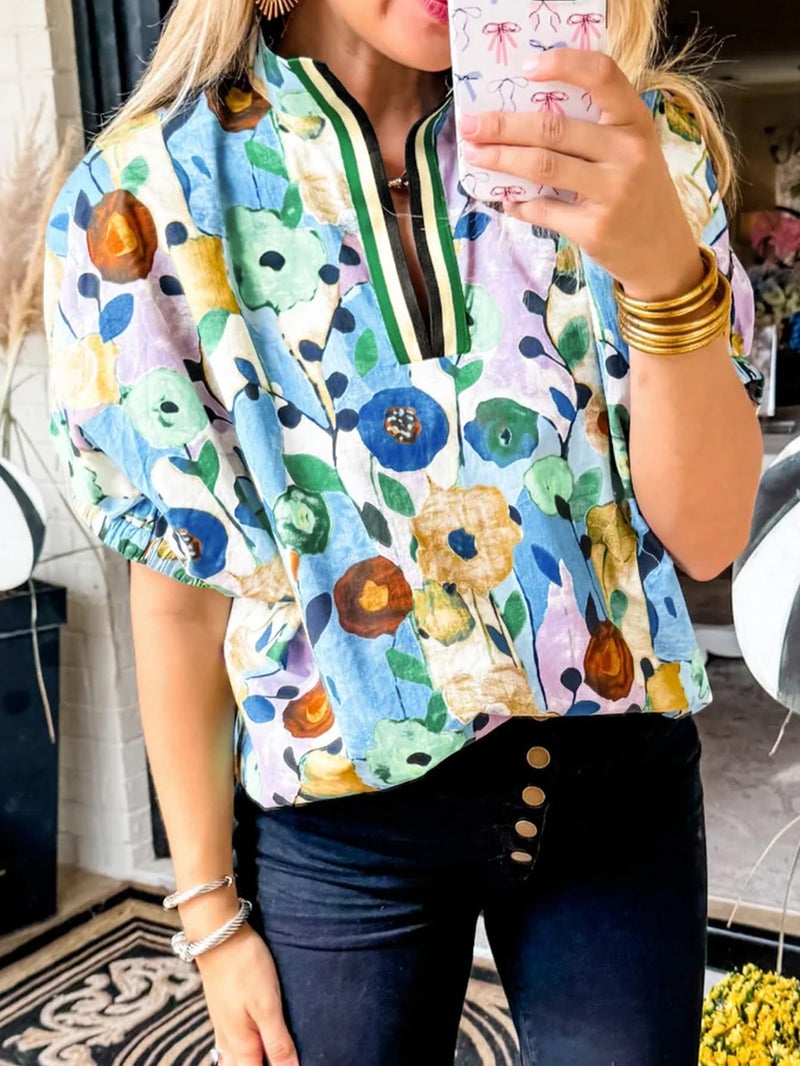 Samefar Floral V Neck Tops for Women Short Sleeve Blouses Summer Fashion Cotton Soft Boho Tops T Shirts Clothes 2026 Small - Image 3