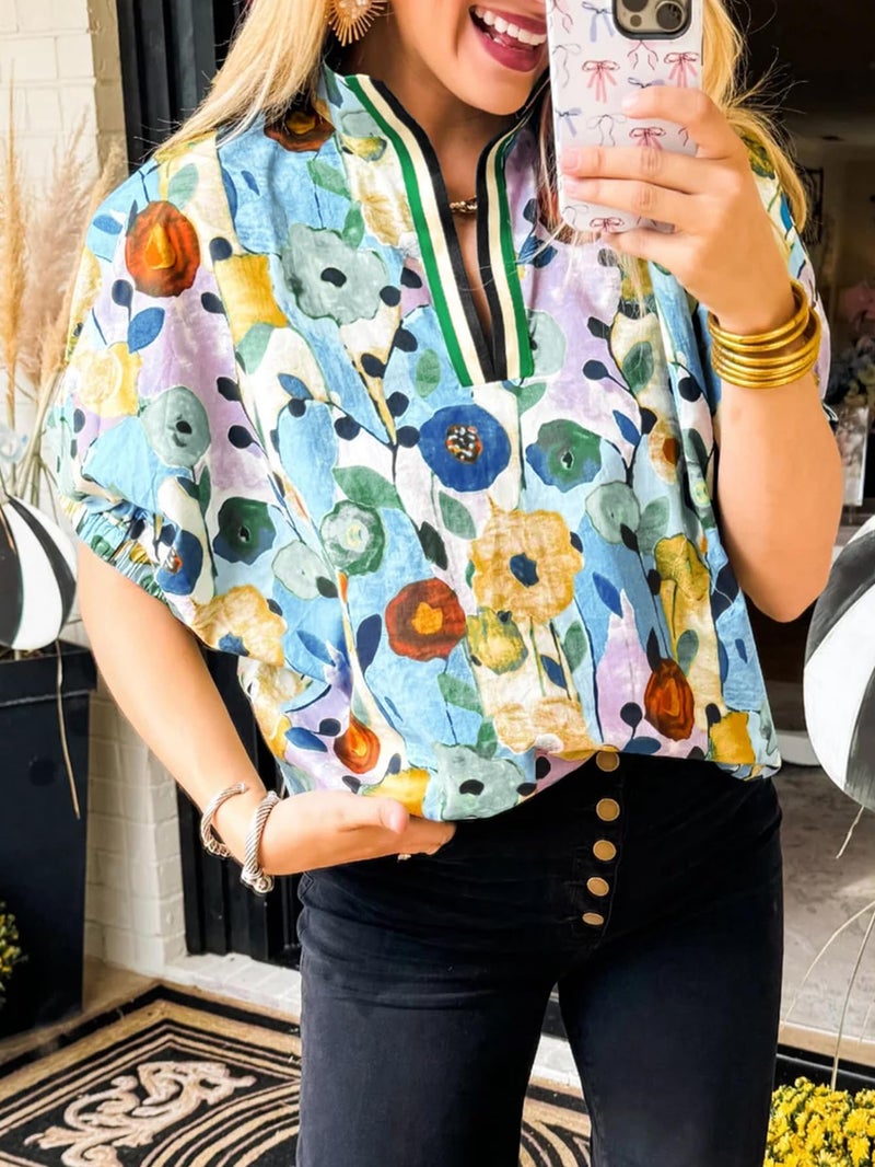 Samefar Floral V Neck Tops for Women Short Sleeve Blouses Summer Fashion Cotton Soft Boho Tops T Shirts Clothes 2026 Small - Image 2