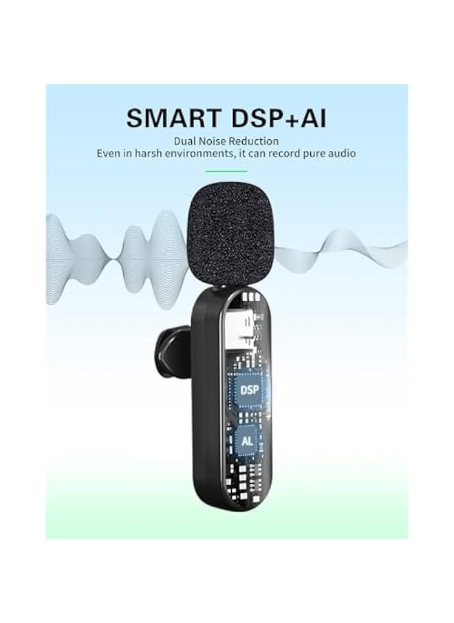 Mini Microphone for iPhone Android Camera iPad USB-C, 4 in 1 Professional Wireless Lavalier Lapel Microphone for Recording, Live Stream, YouTube, Facebook, TikTok, Vlog (2 Pcs)