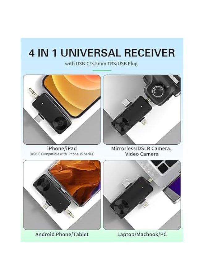Mini Microphone for iPhone Android Camera iPad USB-C, 4 in 1 Professional Wireless Lavalier Lapel Microphone for Recording, Live Stream, YouTube, Facebook, TikTok, Vlog (2 Pcs)