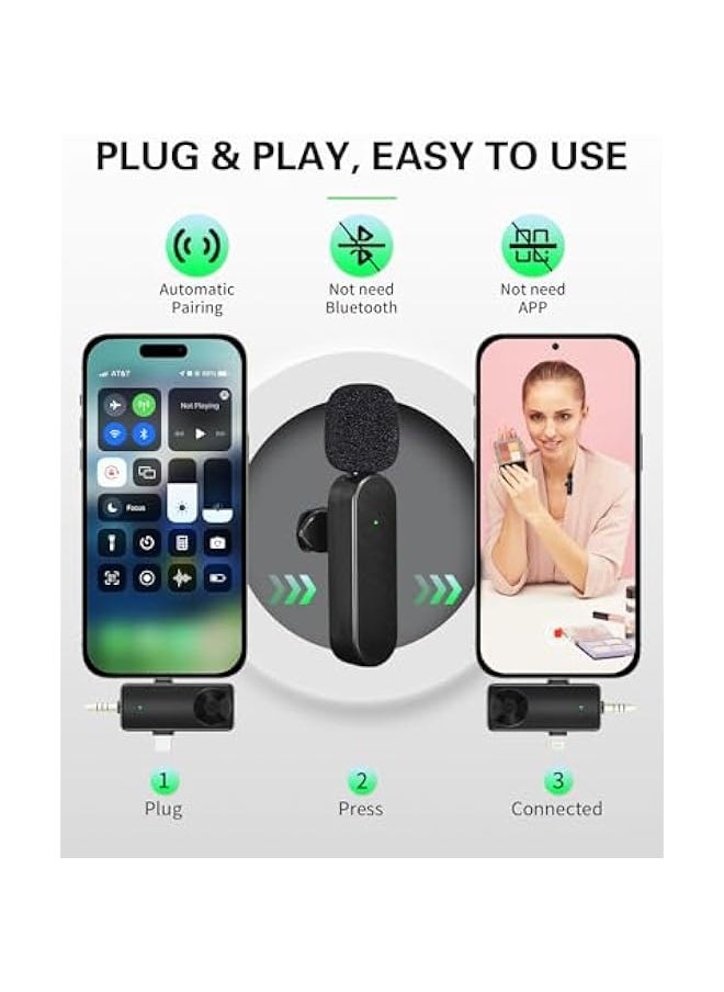 Mini Microphone for iPhone Android Camera iPad USB-C, 4 in 1 Professional Wireless Lavalier Lapel Microphone for Recording, Live Stream, YouTube, Facebook, TikTok, Vlog (2 Pcs)