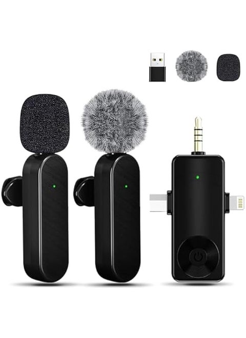 Mini Microphone for iPhone Android Camera iPad USB-C, 4 in 1 Professional Wireless Lavalier Lapel Microphone for Recording, Live Stream, YouTube, Facebook, TikTok, Vlog (2 Pcs)