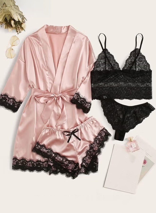 4 Pack Women's Nightwear Set, Lace Trimmed Lightweight Silk Satin Sleepwear Pajama, Ladies Summer Breathable Home Wearing Clothes Suits (Underwear + Panties + Robe + Shorts) Pink and Black - Image 1