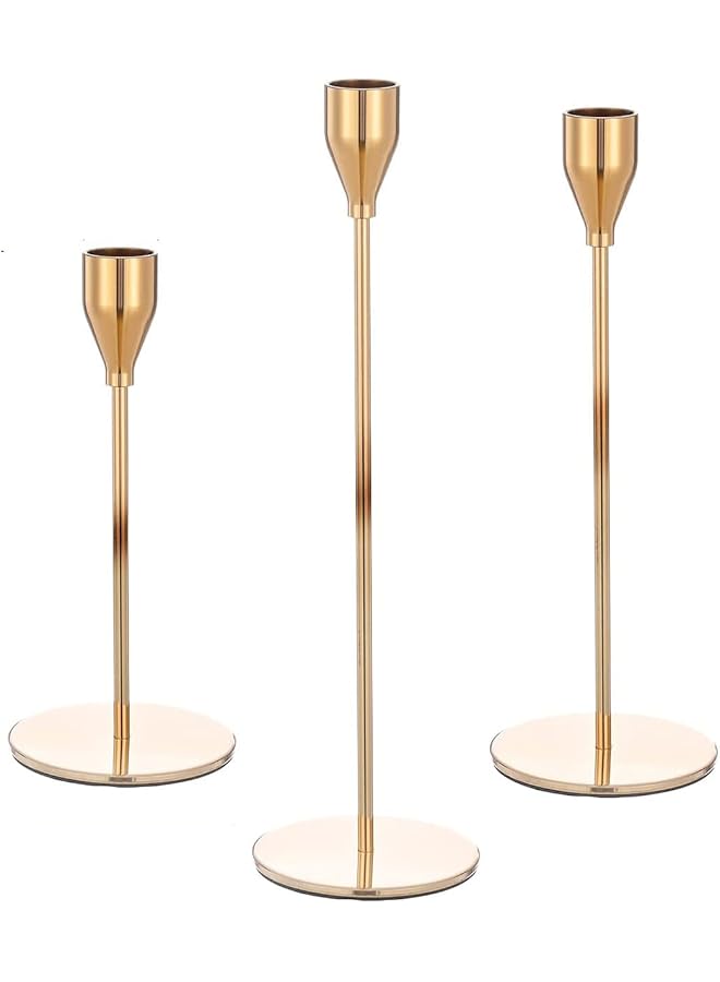 The Bros Gold Candle Holders,Set of 3 fit for 3/4" Tall Taper Yellow Gold Candlestick&Led Modern Metal Candles, Elegant Stands Decorative Table Centerpieces for Dinning Party Church,Decorative Fitting - Image 1