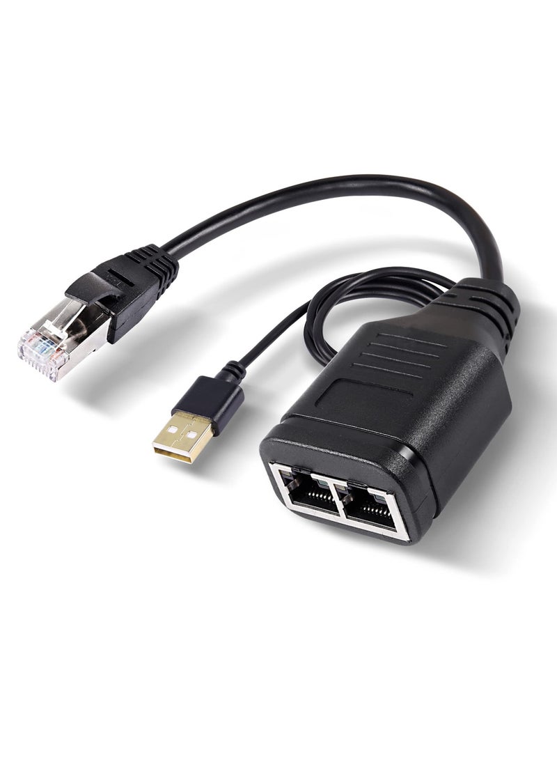 Barakah Ethernet Splitter 1 to 2 Adapter RJ45 Splitter, High-Speed LAN Distributor Connector with USB Power Cable-30cm, RJ45 1 Male to 2Female Network Adapter 8P8C 100Mbps for Cat5/5e/6/7 Ethernet Cable - Image 1