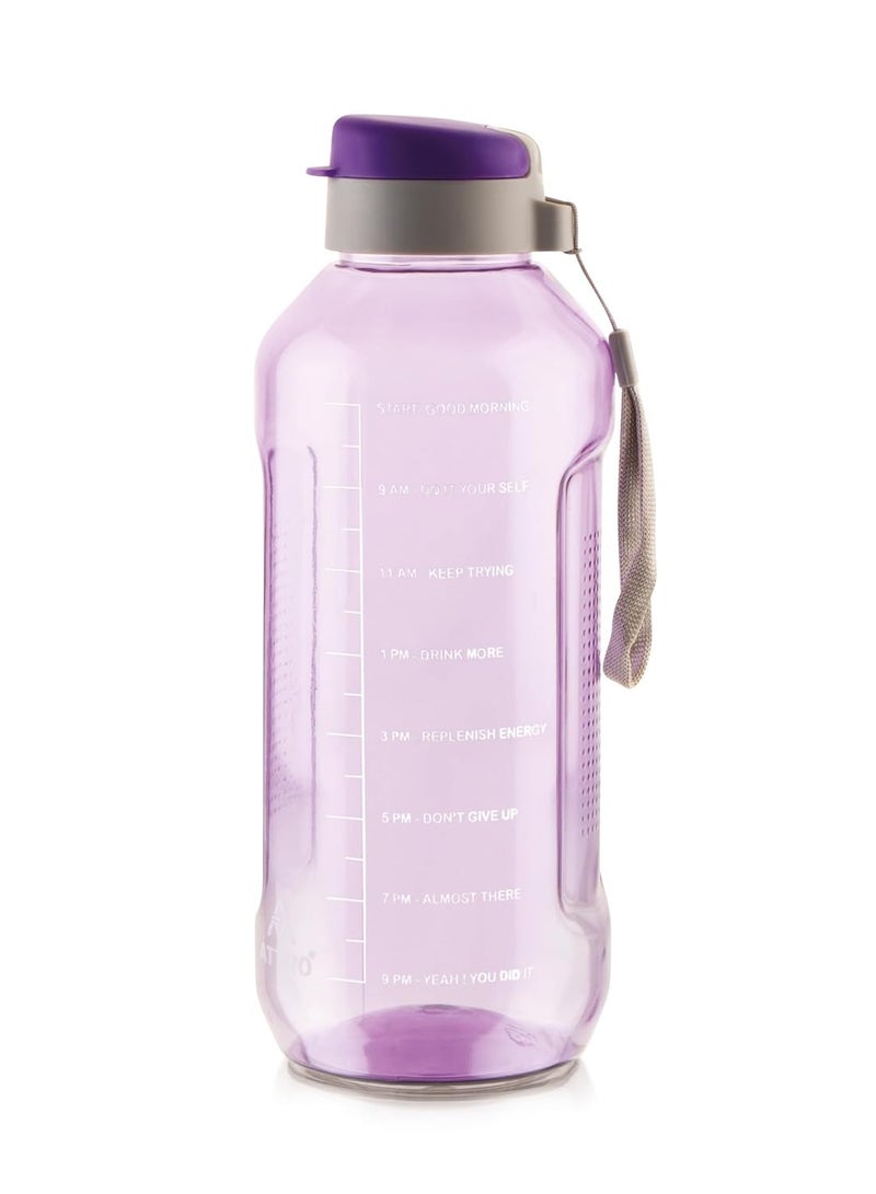 ATTRO زجاجة مياه ATTRO Ultra Pro 2 Motivational سعة 2 لتر خالية من مادة BPA مع غطاء قلاب مانع للتسرب وحزام من النايلون ولون أنيق للترطيب اليومي بنفسجي، مصنوعة من البلاستيك - Image 1