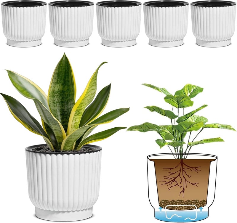 T4U 6 Inch Self Watering Pots for Indoor Plants, 6 Pack Plant Pots, Self Watering Planter for Indoor Plants, Durable Plastic Pots, Flower, Succulents (6 Pack, 6", White) - Image 1