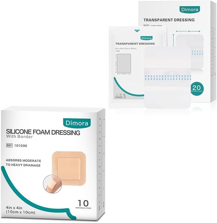 Dimora Transparent Film Wound Dressing 6x8 inch 20 Packs  Silicone Foam Dressing with Border Adhesive 4x4 10 Pack - Image 1