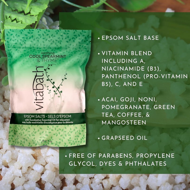 Vitabath Cool Spearmint Thyme Epsom Salts Relaxing Therapeutic Aromatherapy Nourishing Skincare Muscle Soreness Body Ache Soothing Soak for Women Men 36 oz - Image 2