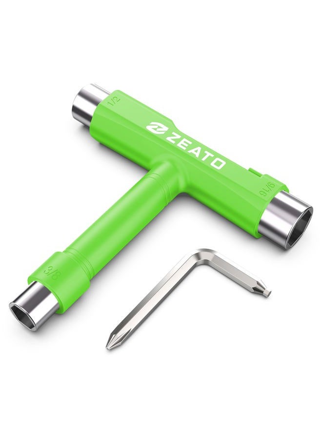 Zeato All-In-One Skate Tools Multi-function Portable Skateboard T Tool Accessory with T-type Allen Key and L-type Phillips Head Wrench Screwdriver - Green - Image 1