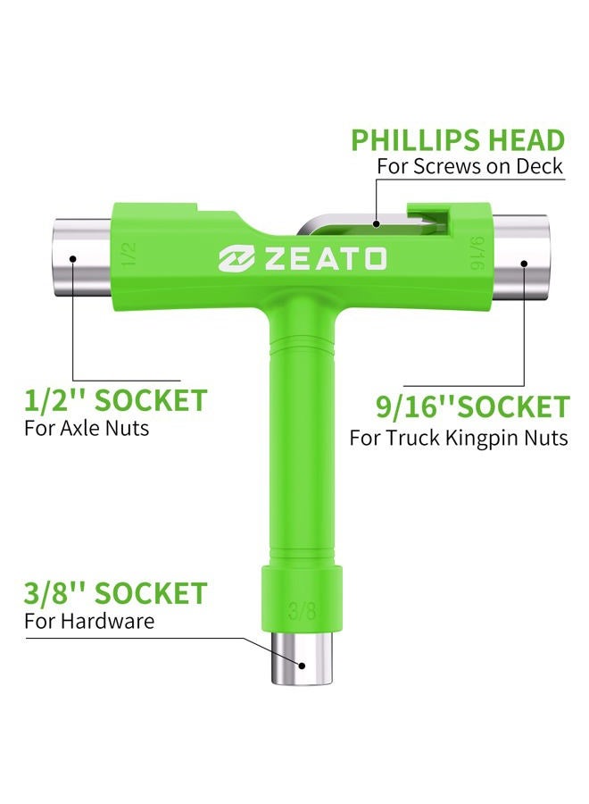 Zeato All-In-One Skate Tools Multi-function Portable Skateboard T Tool Accessory with T-type Allen Key and L-type Phillips Head Wrench Screwdriver - Green - Image 2