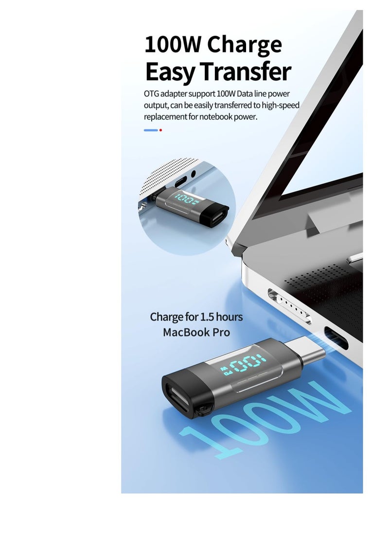 Excefore - USB C Adapter, 2 Pcs 100W Digital Display USB C Female to USB C Male Extension Adapter, with Digital Display, Type C Power Meter Tester, Compatible iPhone 15 Pro Max and Other USB C Devices (Grey) - Image 1
