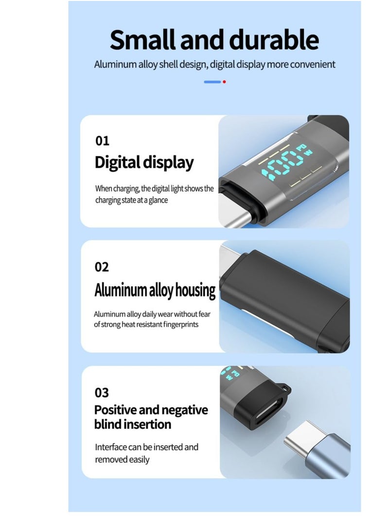 Excefore - USB C Adapter, 2 Pcs 100W Digital Display USB C Female to USB C Male Extension Adapter, with Digital Display, Type C Power Meter Tester, Compatible iPhone 15 Pro Max and Other USB C Devices (Grey) - Image 1