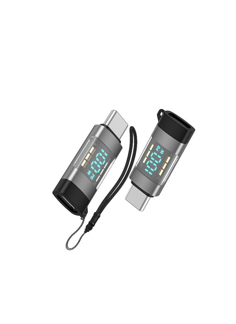Excefore - USB C Adapter, 2 Pcs 100W Digital Display USB C Female to USB C Male Extension Adapter, with Digital Display, Type C Power Meter Tester, Compatible iPhone 15 Pro Max and Other USB C Devices (Grey) - Image 1