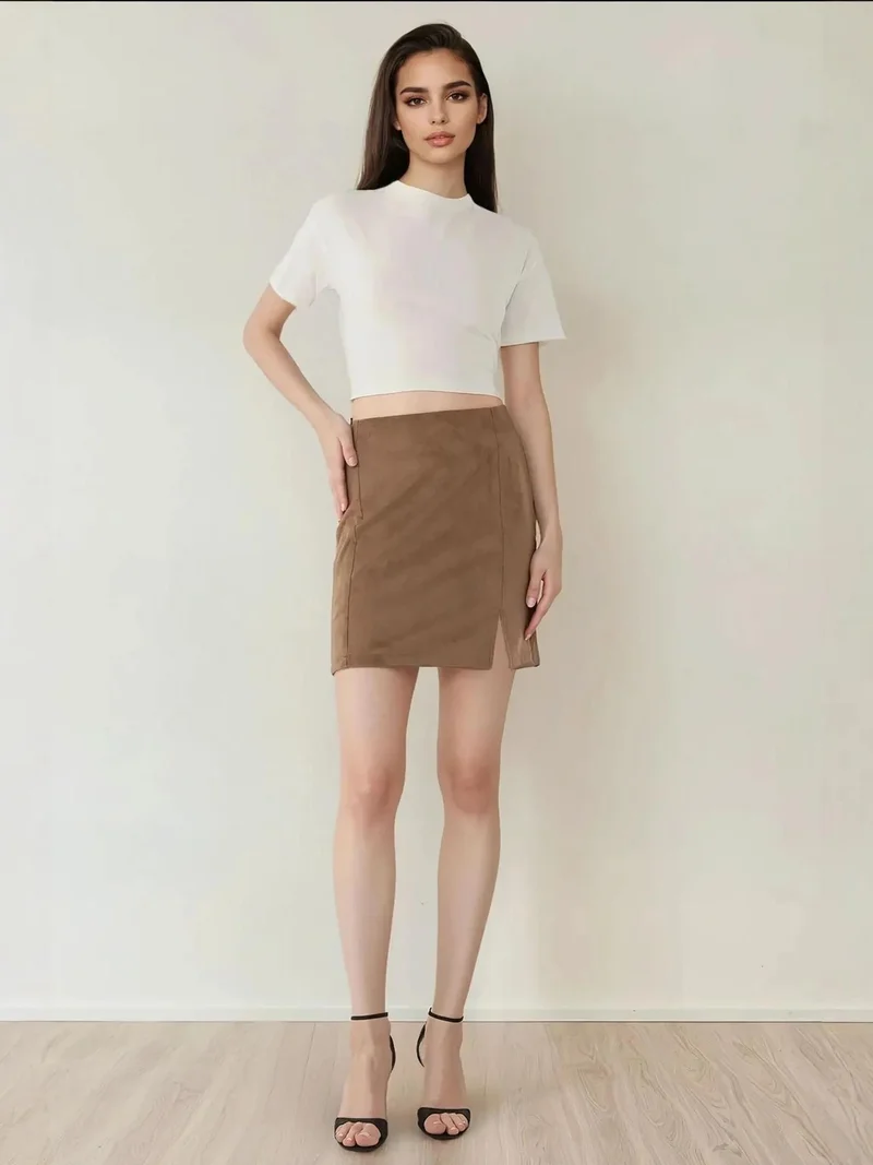 HICCUP High Waist Mini Suede Skirt with Slit