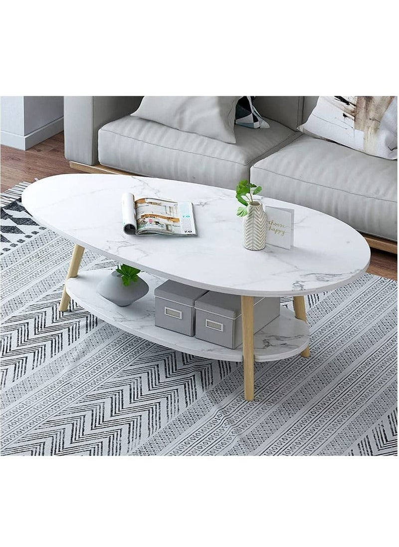 LEDIN - White Oval Shape Wood Coffee Table with Open Shelving for Storage and Display 2 Tier Sofa Table, Small Modern Furniture for Living Room&Home (90x50x42cm) - Image 1