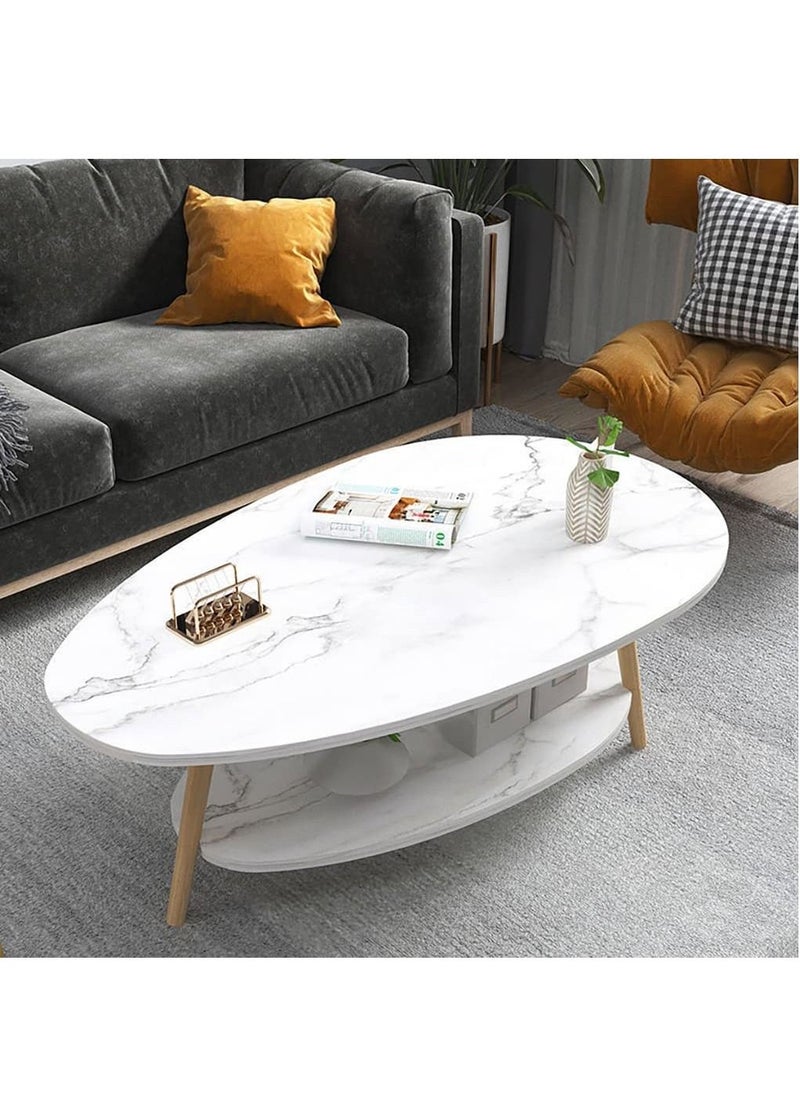 LEDIN - White Oval Shape Wood Coffee Table with Open Shelving for Storage and Display 2 Tier Sofa Table, Small Modern Furniture for Living Room&Home (90x50x42cm) - Image 1