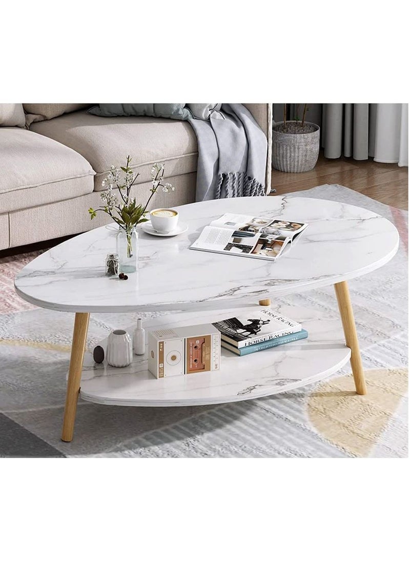 LEDIN - White Oval Shape Wood Coffee Table with Open Shelving for Storage and Display 2 Tier Sofa Table, Small Modern Furniture for Living Room&Home (90x50x42cm) - Image 1