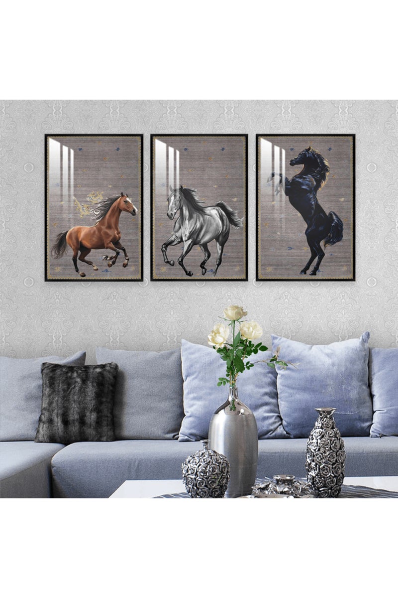 Marktna Three wooden wall painting with a horse design, with a frame and a clear acrylic layer. - Image 1