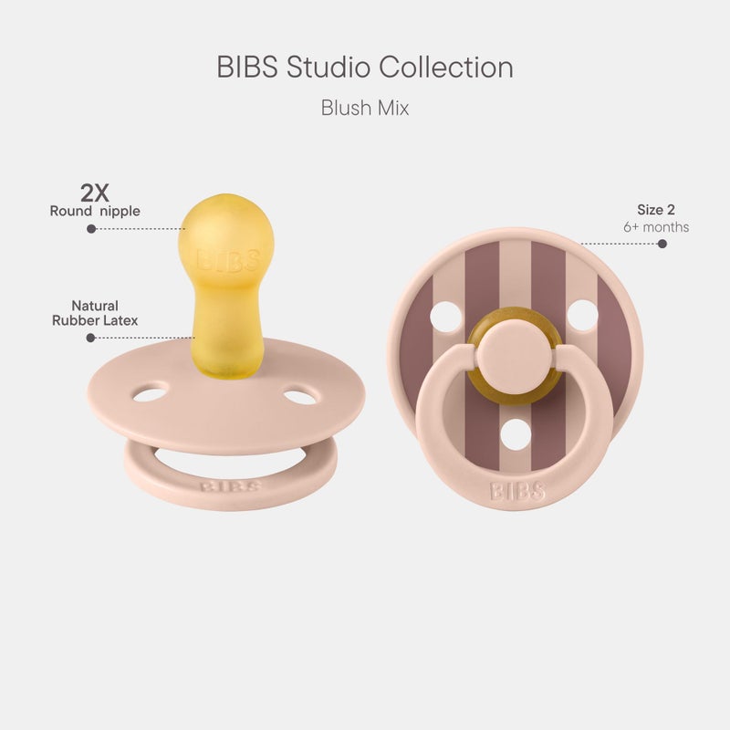 BIBS Pacifiers - Studio 2 Pack | Round Nipple Baby Pacifier | BPA Free Natural Rubber Latex Soother | Made in Denmark | Size 6+ Months | Block Blush - Image 2
