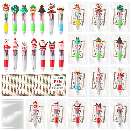 ANGOLIO 28 Sets Christmas Bulk Gifts Cartoon Christmas 4 in 1 Multicolor Ballpoint Pens with Greeting Cards Xmas Santa Snowman Reindeer Writing Pens for Students School Office Supplies Exchange Gifts - Image 1