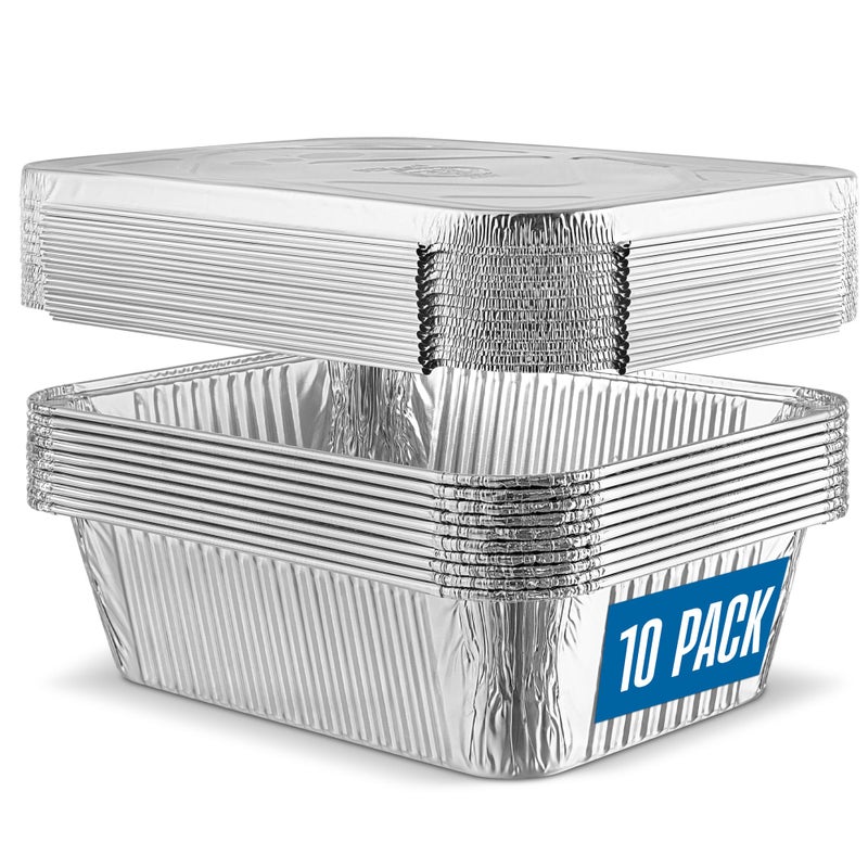PLASTICPRO مجموعة PLASTICPRO من 10 صواني ألومنيوم مقاس 8 × 10 بوصة للاستخدام مرة واحدة مع أغطية، صواني فويل شديدة التحمل بوزن 5 أرطال للخبز والطبخ - Image 1