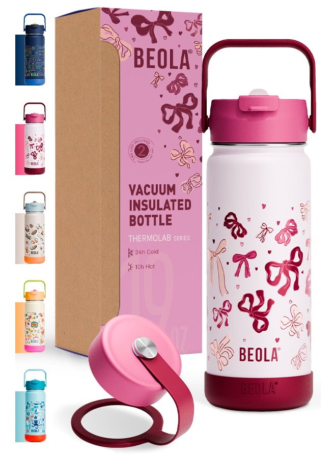BEOLA 550ml Kids Water Bottle 18/8 Stainless Steel Double Wall Insulated Thermos Bottle with Straw Lid and Wide Mouth, Hot Cold Liquids Sports School Bottle (19oz, Blush&Bows)  - Image 1