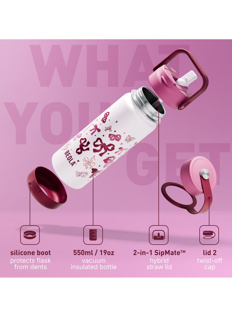 BEOLA 550ml Kids Water Bottle 18/8 Stainless Steel Double Wall Insulated Thermos Bottle with Straw Lid and Wide Mouth, Hot Cold Liquids Sports School Bottle (19oz, Blush&Bows)  - Image 2