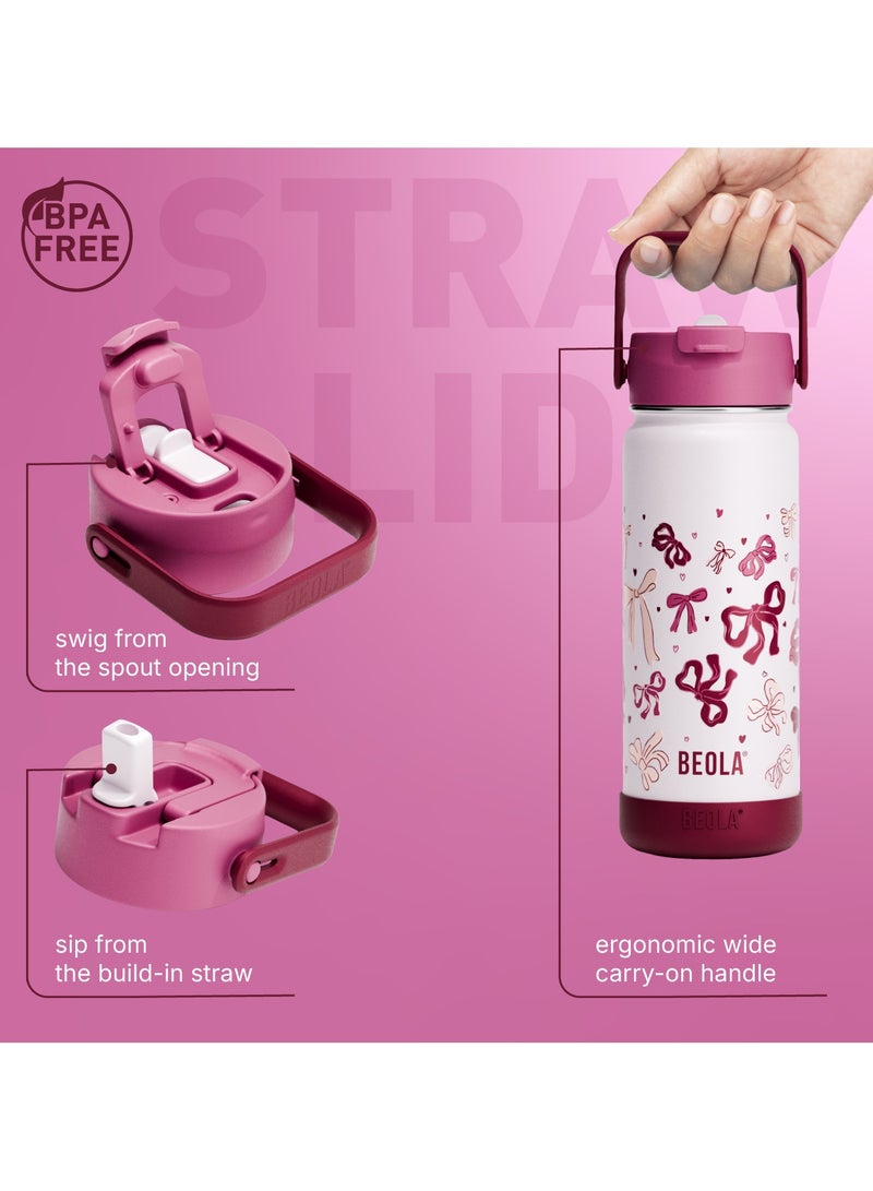 BEOLA 550ml Kids Water Bottle 18/8 Stainless Steel Double Wall Insulated Thermos Bottle with Straw Lid and Wide Mouth, Hot Cold Liquids Sports School Bottle (19oz, Blush&Bows)  - Image 4