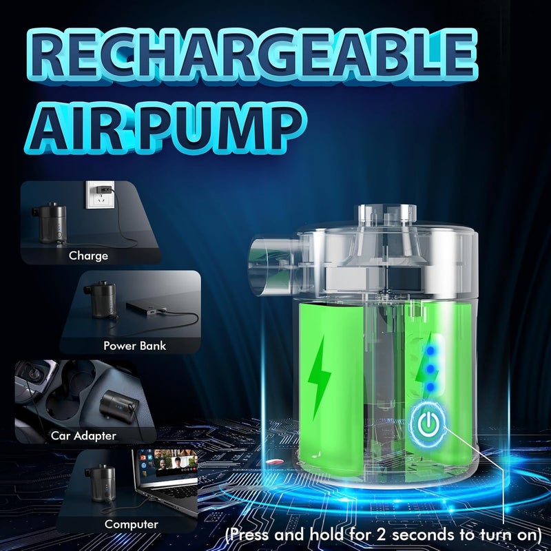 Mojimdo Portable Electric Air Pump for Inflatables, Rechargeable Battery Air Pump for Airbed, 2-in-1 Portable Mini Vacuum Pump with 4 Air Nozzles and Storage Bag for Air Mattress, Pool - Image 3