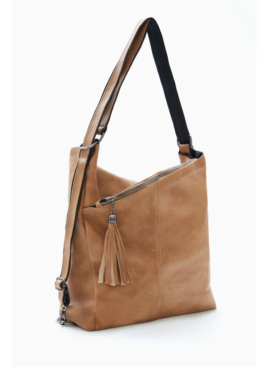 Wecre8 Light Brown Slouchy Tassel Shoulder Bag by WECRE8