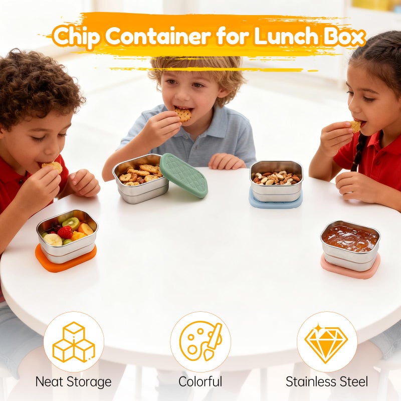 Fevbcnrj 4 Pack Stainless Steel Snack Containers, 8 oz Chip Container for Lunch Box, Easy Open No Leakage, Small Snack Containers with Silicone Lid, Stackable Metal Lunch Box for Outdoor and Travel - Image 2