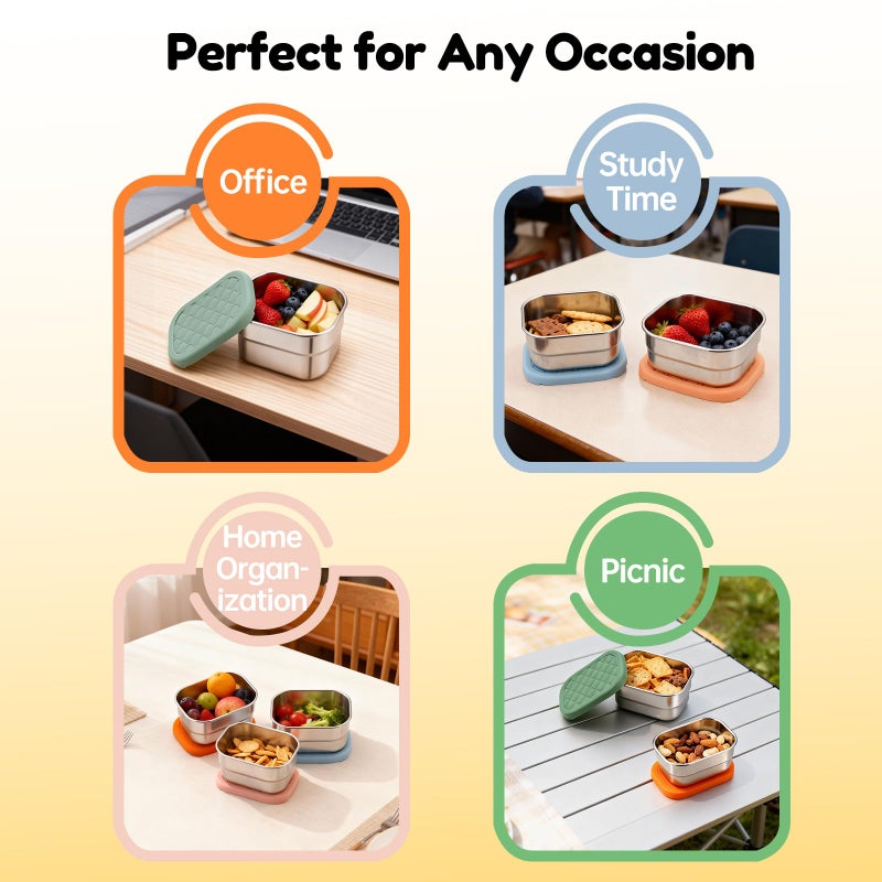 Fevbcnrj 4 Pack Stainless Steel Snack Containers, 8 oz Chip Container for Lunch Box, Easy Open No Leakage, Small Snack Containers with Silicone Lid, Stackable Metal Lunch Box for Outdoor and Travel - Image 5