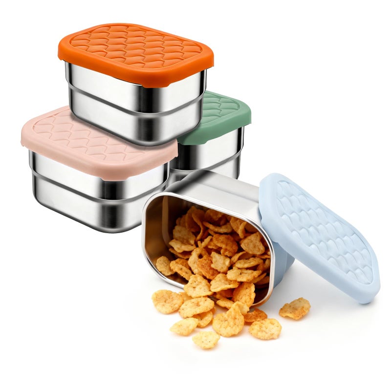 Fevbcnrj 4 Pack Stainless Steel Snack Containers, 8 oz Chip Container for Lunch Box, Easy Open No Leakage, Small Snack Containers with Silicone Lid, Stackable Metal Lunch Box for Outdoor and Travel - Image 1