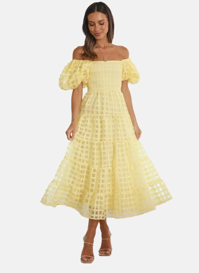 YUNIQEE Yellow Off-Shoulder Self Design Fit & Flared Dress