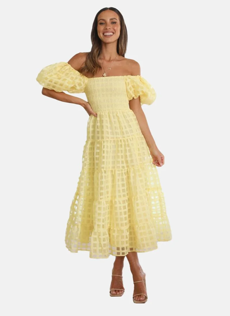 يونيكي Yellow Off-Shoulder Self Design Fit & Flared Dress