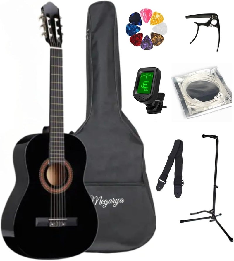MegArya 34” Classical Guitar with Nylon Strings Acoustic Guitar for Beginner with Bag, Strap, Capo, Picks, Strings, Tuner, Single Guitar Holder (Black) - Image 1