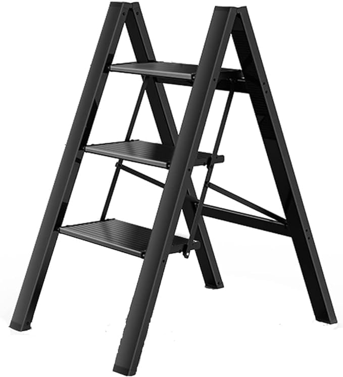 Gney 3 Step Ladder Folding Step Stool with Wide AntiSlip Pedal Lightweight Portable Stepladder Double Side Large Platform LadderSpaceSaving Ladder for Household and Office Black - Image 1