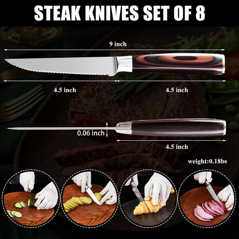 iutgin 8-Piece Serrated Steak Knife Set with Magnetic Knife Holder, Japanese High-Carbon Stainless Steel Steak Knife & Double-Sided Magnetic Knives Stand for Kitchen Counter - Image 3